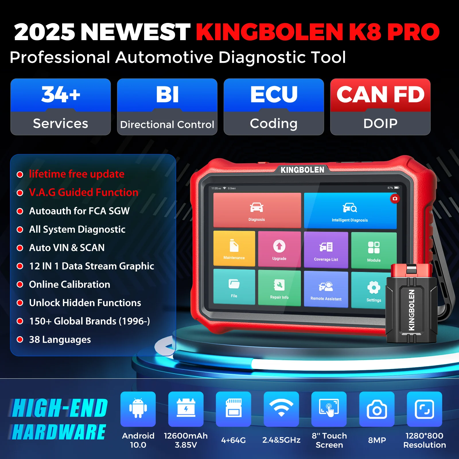 KINGBOLEN K8 Pro 8" Wireless Automotive Diagnostic Tool with CAN FD & DoIP - Image 4