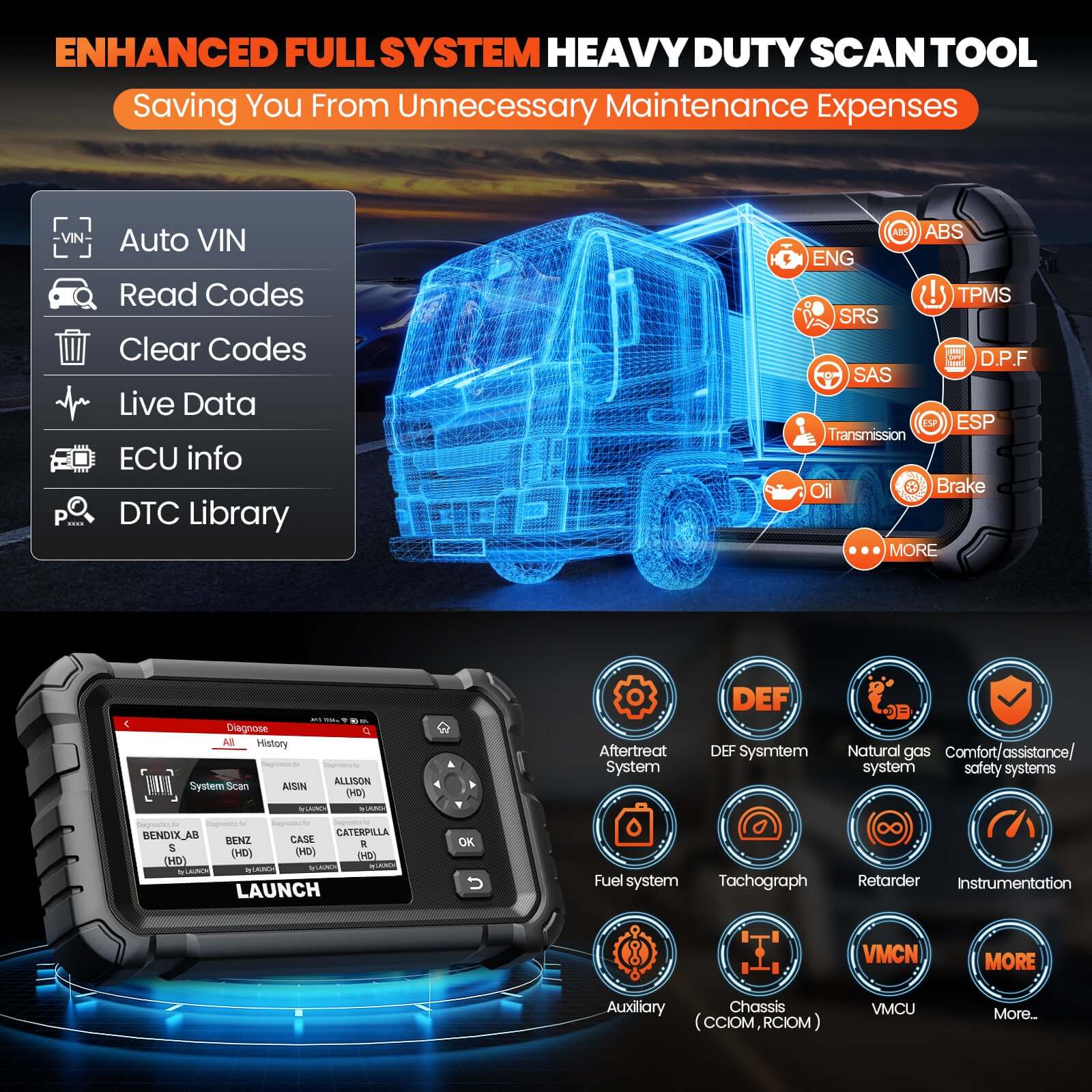 LAUNCH CRP129 HD Elite Heavy Duty Scan Tool Full System Diagnostic with 7 Resets - Image 5